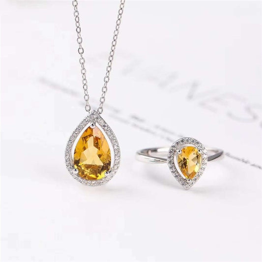 ☀️ S925 Natural Citrine Jewelry Set – Pendant Necklace & Ring